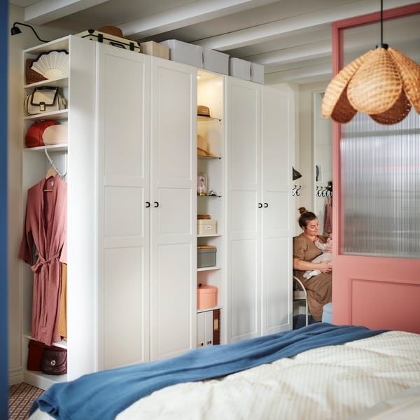Modular White Wardrobe System, Shaker Doors, Pink Sliding Door