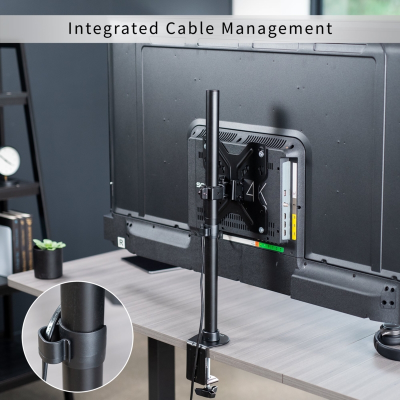 Monitor Mount, Single Pole Desk Clamp, Integrated Cable Clips, Matte Black Finish.