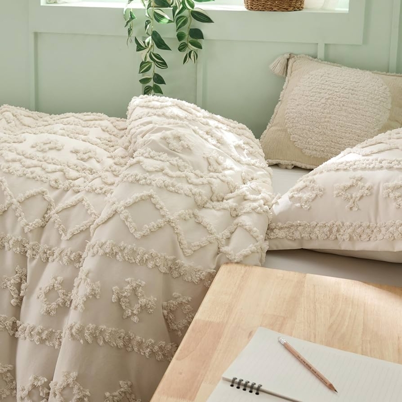 Monochromatic Beige Comforter Set with Tufted Circular Embroidery
