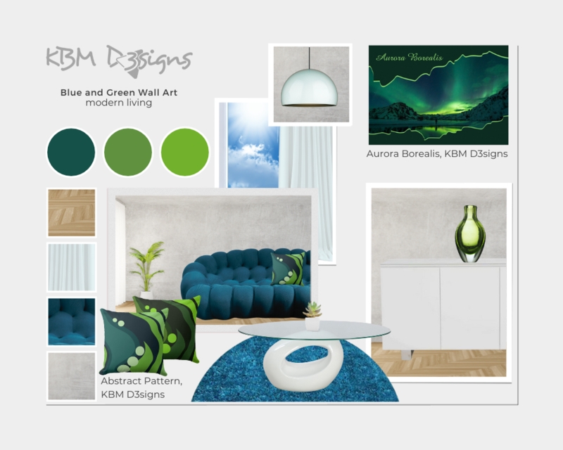 Moodboard for Blue and Green Living Room Decor with Tufted Bubble Sofa