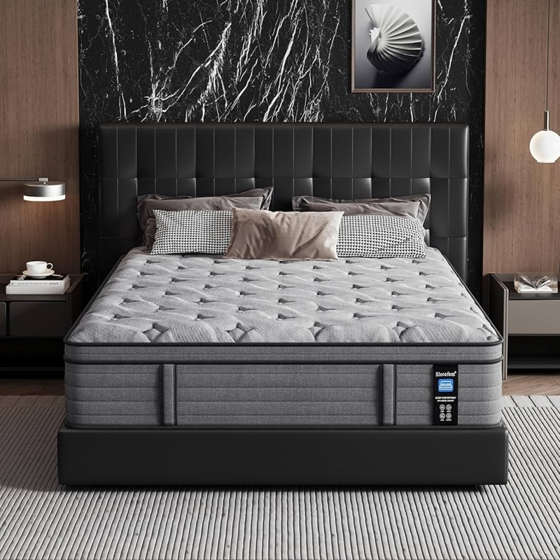 Moody Bedroom Hybrid Mattress with Side Handles and Marble Wall