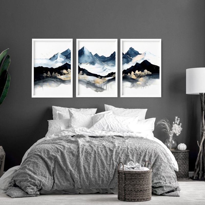 Moody Bedroom Wall Art, Navy Blue and Gold Mountain Triptych Set