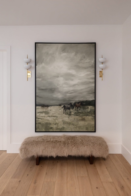 Moody Oversized Horse Wall Art above Shaggy Textured Bench
