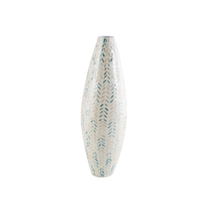 Mother of Pearl Decorative Vase: Chevron Mosaic Inlay. Coastal blue decor.