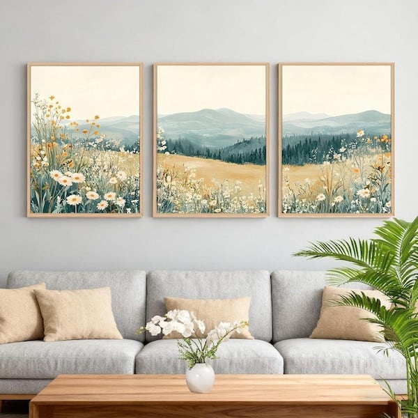 Mountain Landscape Triptych Wall Art, Wildflower Motif, Wood Frames