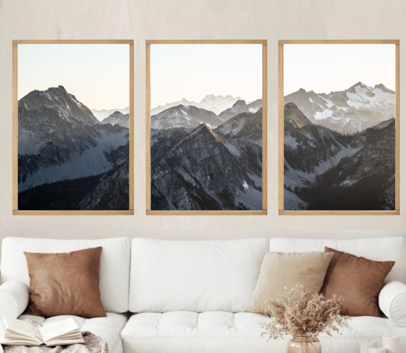 Mountain Landscape Wall Art Set, Wood Toned Framed Triptych