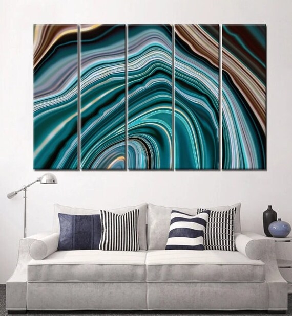 Multi-Panel Wall Art Five Panel Split Teal Agate Print Abstract Set