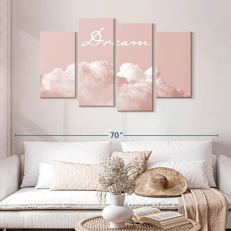 Multi Panel Wall Art: Four Panel Layout, Cursive Script, Cloud Pattern.