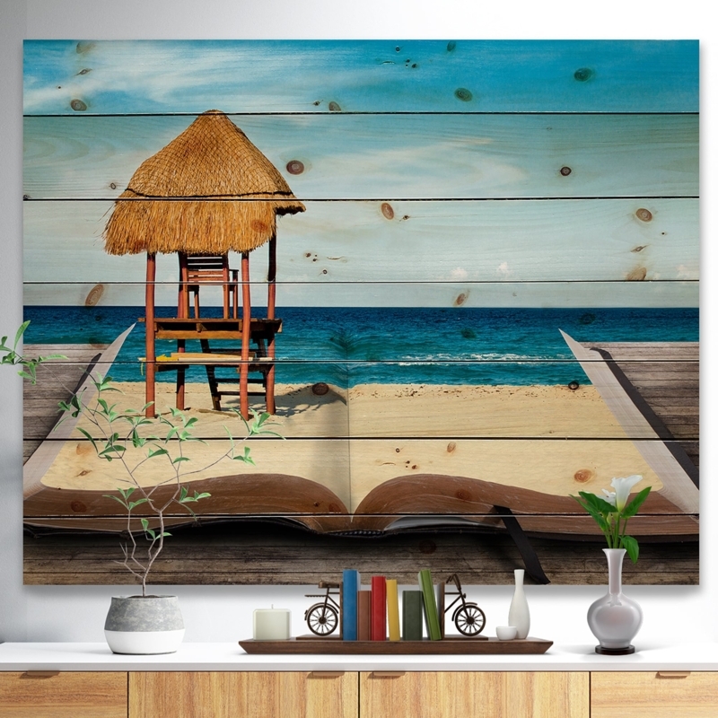 Multi Panel Wood Wall Art Surreal Beach Scene In Book Natural Pine