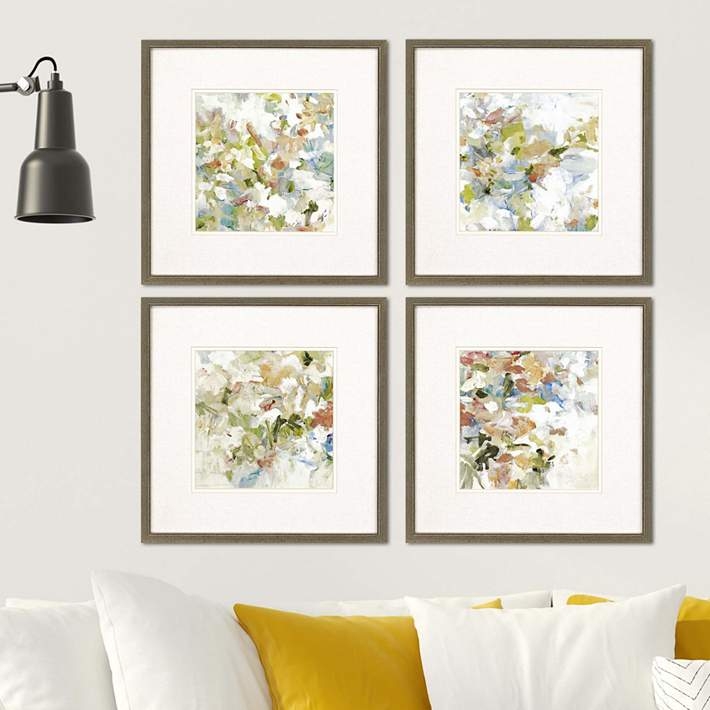 Multi-Piece Wall Art Set Four Abstract Floral Prints Blush Sage Frames