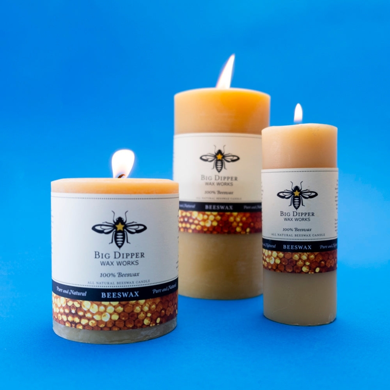 Natural Amber Beeswax Pillar Candle Set with Honeycomb Labels