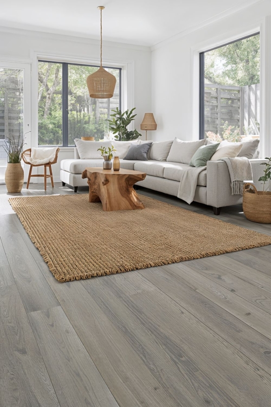 Natural Fiber Rug Styling with a Live Edge Wood Coffee Table