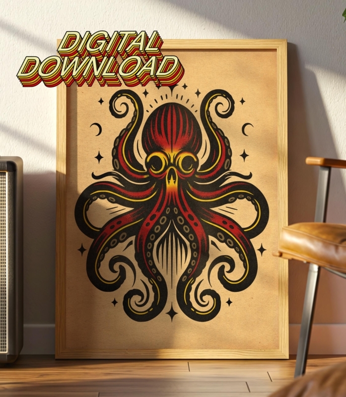 Nautical Framed Wall Art American Traditional Skull Octopus Graphic