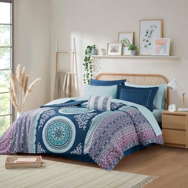 Navy Blue Comforter Set with Oversized White Mandala Print
