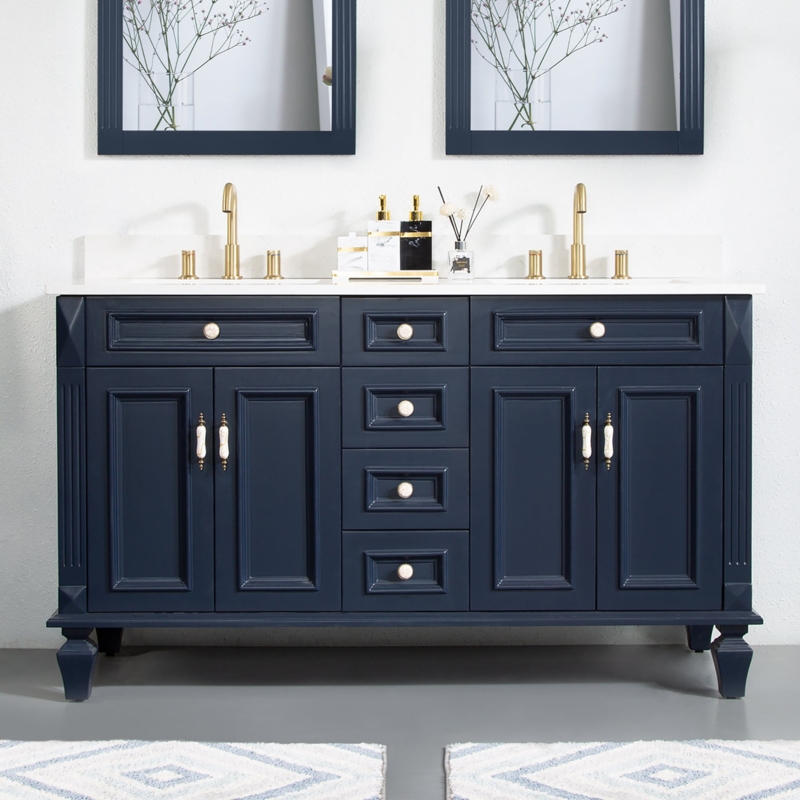Navy Blue Double Bathroom Vanity with Gold Hardware and Tapered Legs