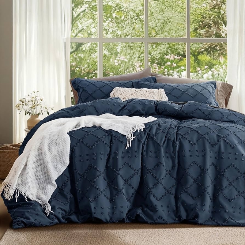 Navy Blue Duvet Cover Set featuring Tufted Geometric Embroidery