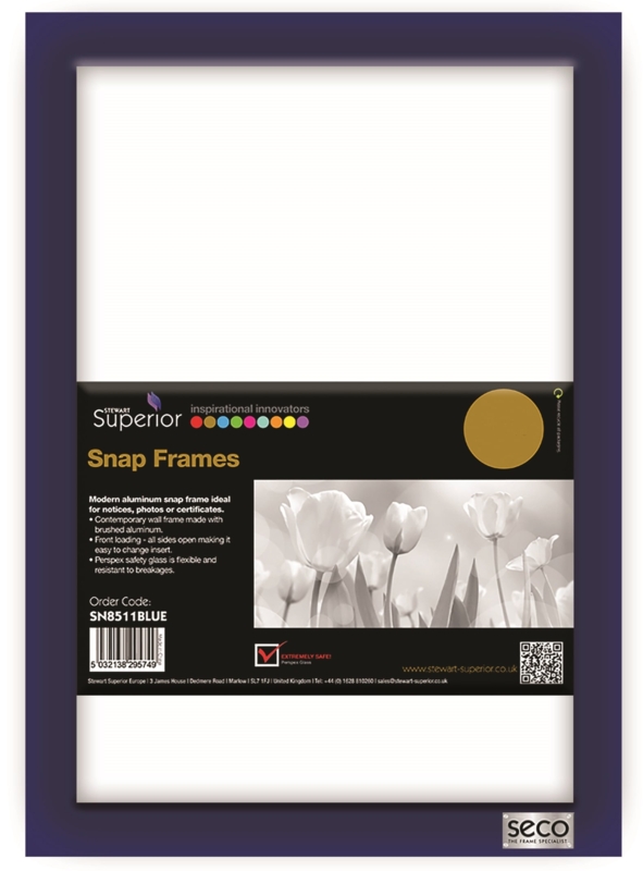 Navy Blue Picture Frame with Snap Open Edges, Brushed Aluminum