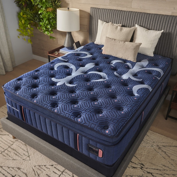 Navy Blue Pillow Top Mattress Fleur-de-Lis Pattern Glam Style