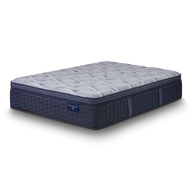 Navy Blue Pillow Top Mattress, Wavy Ticking Pattern, Piped Edges.