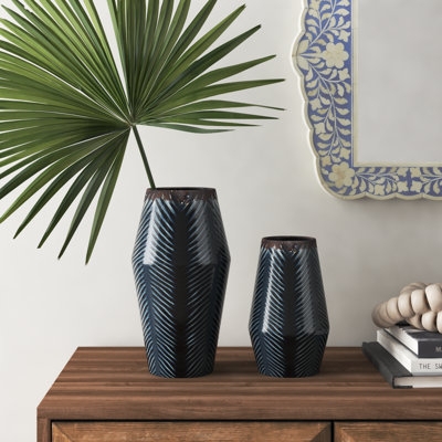 Navy Chevron Ceramic Vases: Tapered Pair. Coastal entryway styling.