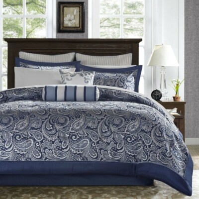 Navy Comforter Set Bold Geometric Print Reversible Nautical Modern