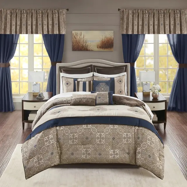 Navy Geometric Bed Set with Channeled Headboard and Matching Bench