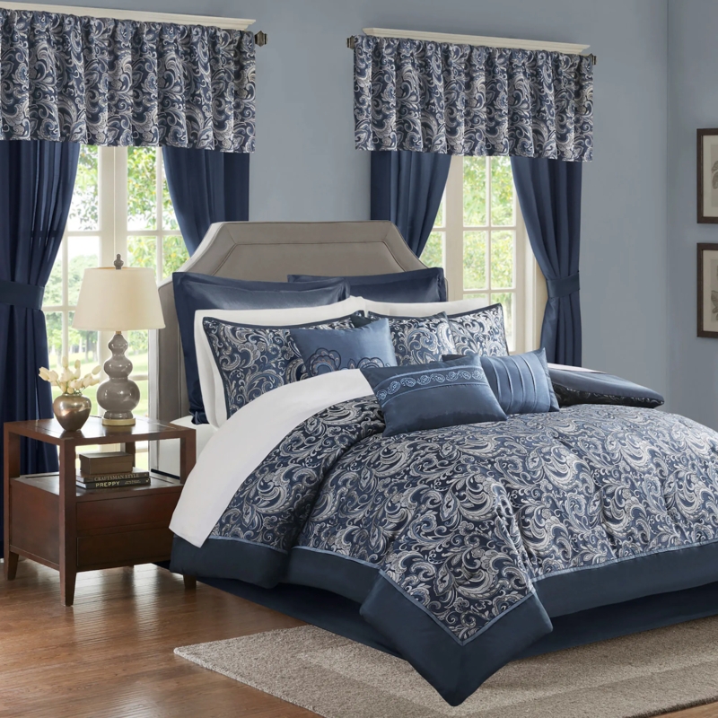Navy Paisley Comforter Set Traditional Pleated Accent Pillows