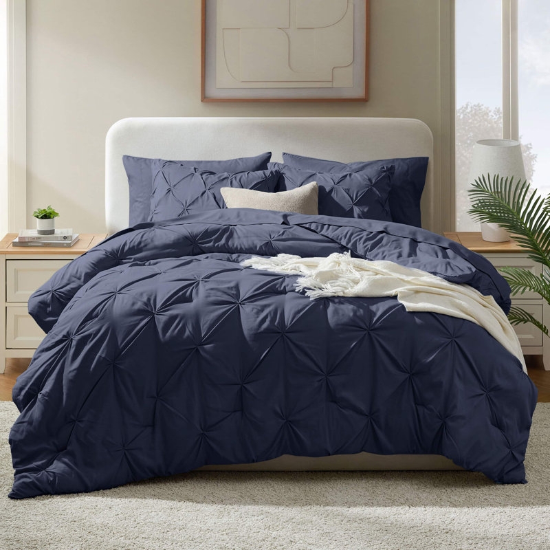 Navy Pinch Pleat Bedding Set Textured Contemporary Comforter