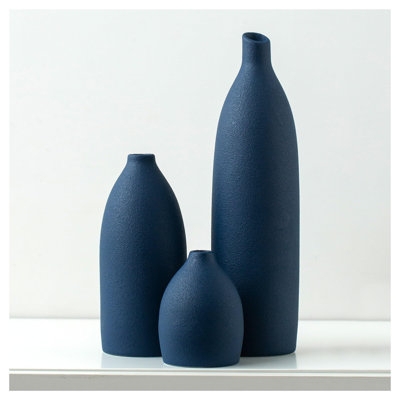 Navy Vase Set Gritty Matte Finish Graduated Bottle Shapes Coastal Trio