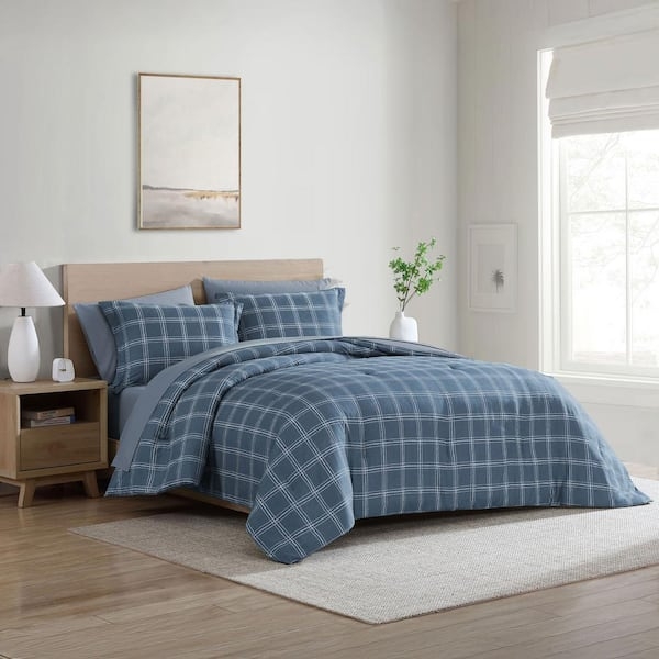 Navy Windowpane Plaid Comforter Set, Reversible Microfiber