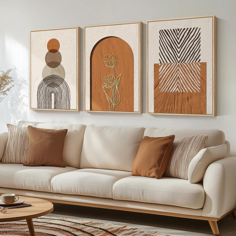 Neutral Geometric Canvas Prints Set, Terracotta Boho Triptych