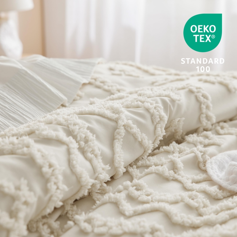Neutral Tufted Comforter Set with Tassel Fringe Trim and Diamond Pattern