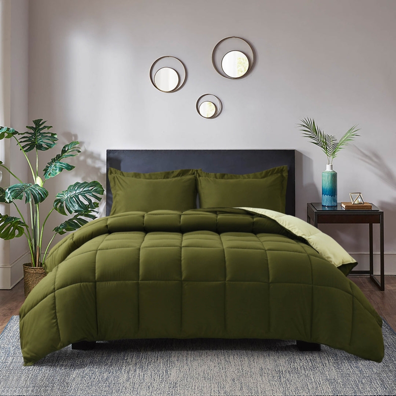 Olive Green Comforter Set Box Stitching Modern Farmhouse Bedroom Idea