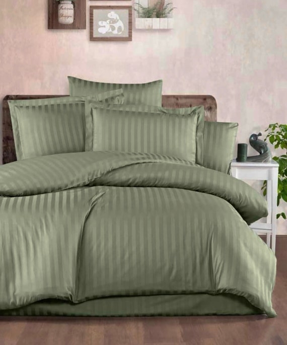 Olive Green Duvet Cover Set Satin Finish Subtle Sheen Minimalist Style