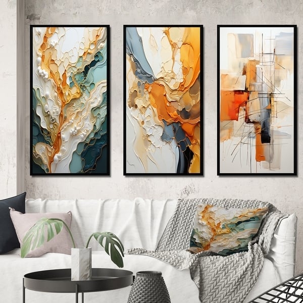 Orange Teal Wall Art Set, Organic Abstraction Fluid Triptych