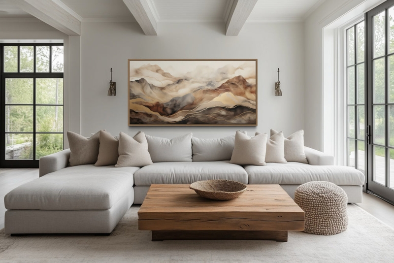 Organic Modern Living Room Art: Abstract Mountain Landscape, Gold Accent