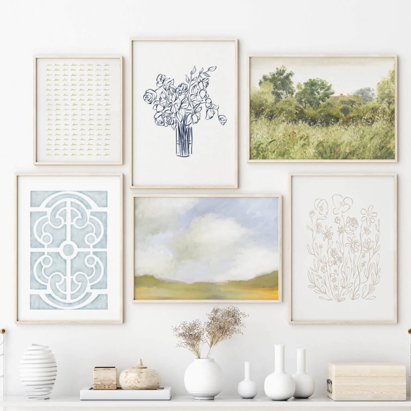 Organic Modern Nature Inspired Gallery Wall Set, Thin Wood Frames