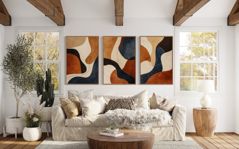 Organic Modern Wall Art: Earth Tone Abstract Triptych with Wood Frames