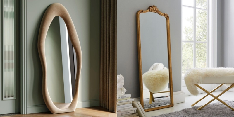 Organic Wavy Floor Mirror Decor Upholstered Fabric Frame Asymmetrical