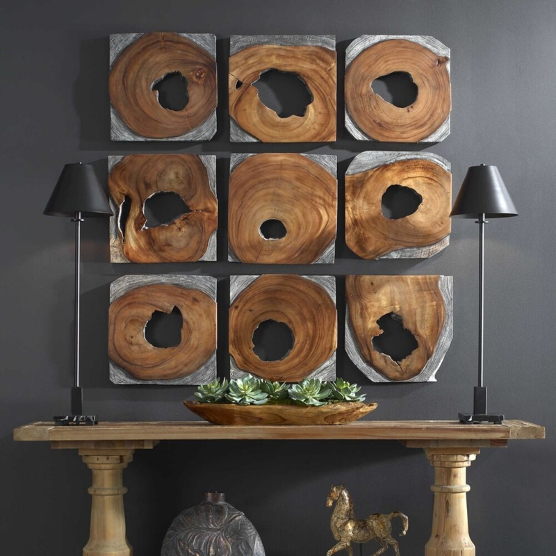 Organic Wood Wall Art Grid 9-Piece Set With Cutouts Decor