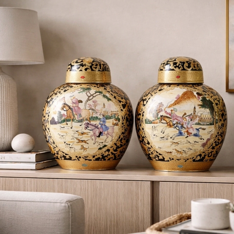 Ornate Equestrian Porcelain Jars pair with gilded scrollwork borders.