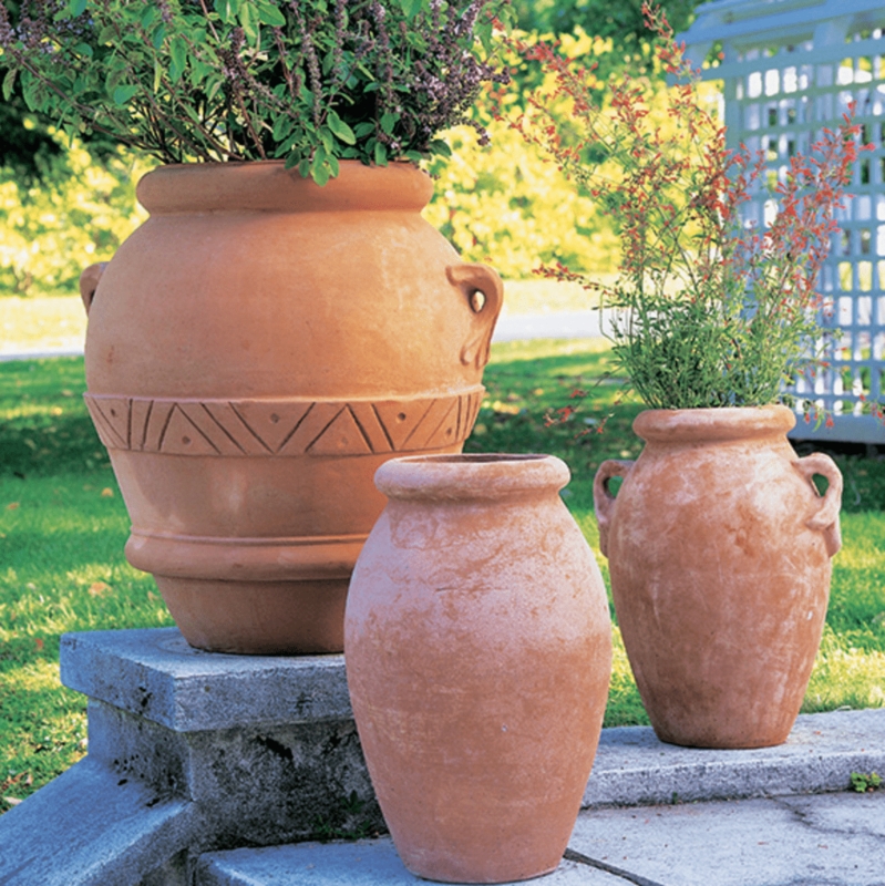 Outdoor Planter Trio Hand Carved Terracotta Geometric Detail