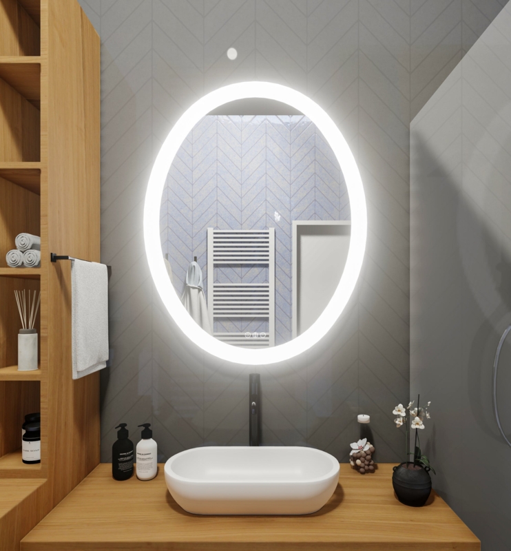 Oval Bathroom Mirror LED Backlit on Chevron Tile Backdrop