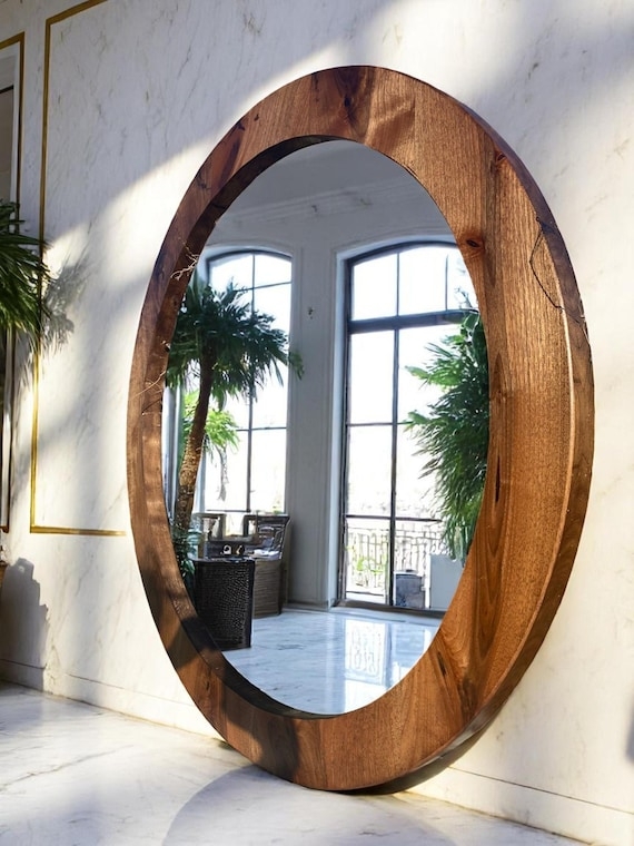 Oval Leaning Mirror, Wide Natural Wood Frame, Organic Modern Decor