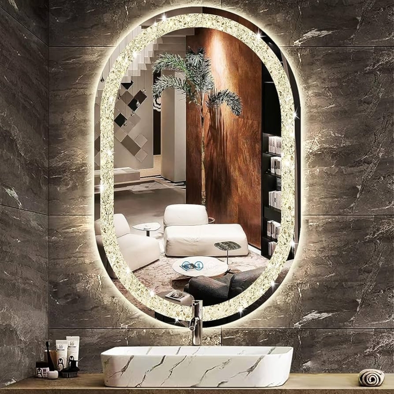 Oval Wall Mirror with Crushed Crystal Border & LED Glow