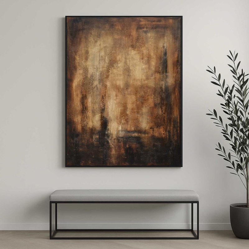 Oversized Abstract Brown Wall Art: Vertical Impasto Texture, Thin Frame