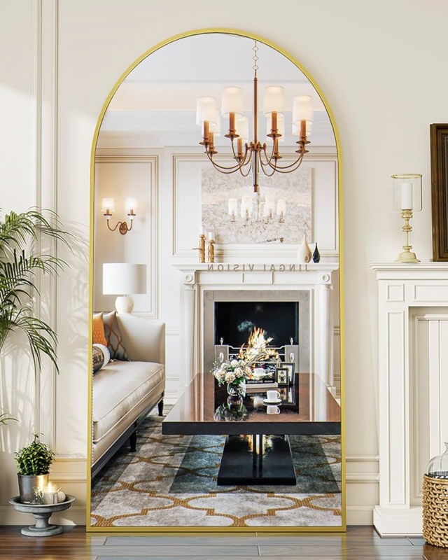 Oversized Arched Floor Mirror, Thin Gold Frame for Elegant Living Room