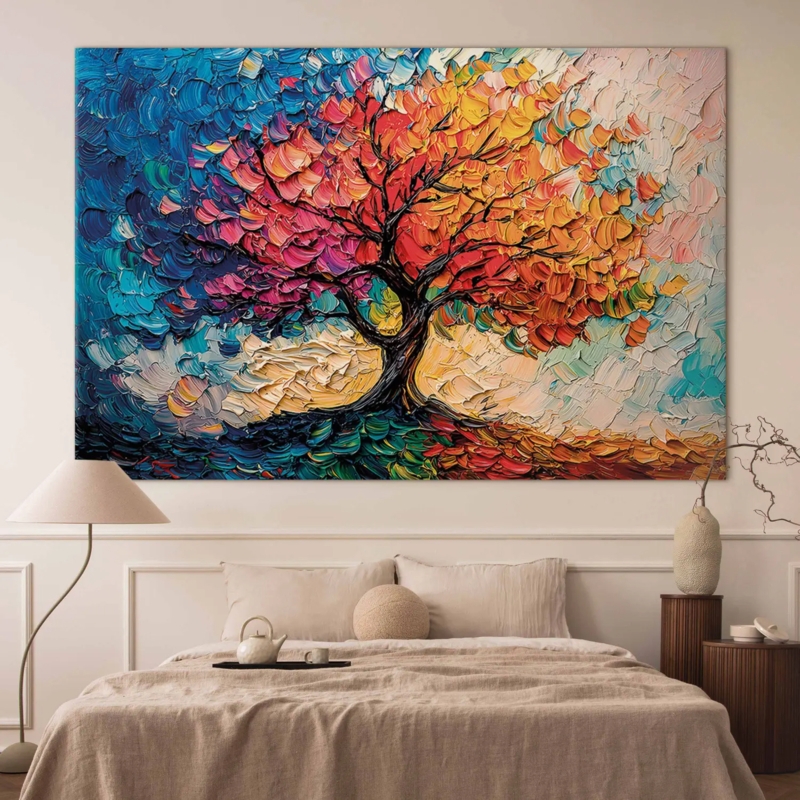 Oversized Canvas Art: Textured paint splashes, impasto tree, textured.