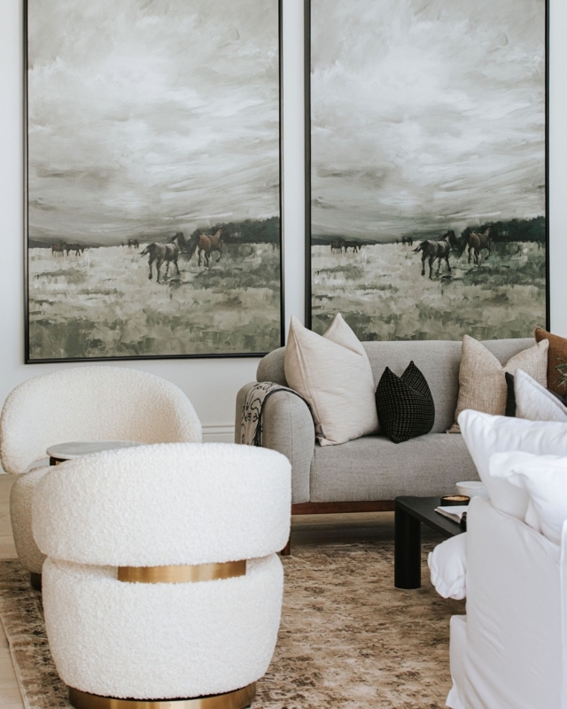 Oversized Equestrian Wall Art Diptych with Boucle Swivel Chairs