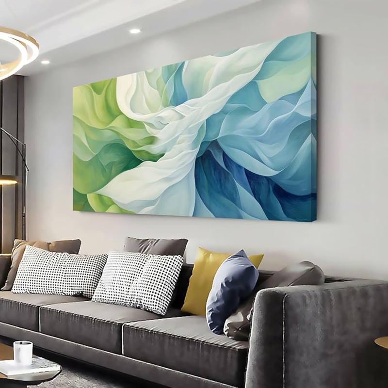 Oversized Horizontal Wall Art Canvas with Fluid Wave Design in Aqua